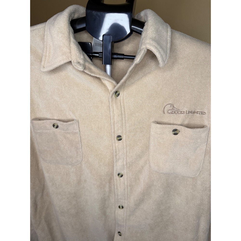 Ducks Unlimited Mens XL Fleece Button Up Shirt Tan Long Sleeve Logo Embroidered